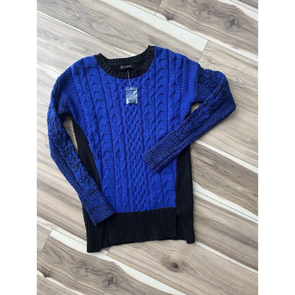 Metaphor Womens Blue Black Cable Knit Colorblock Sweater Crew Neck XS New